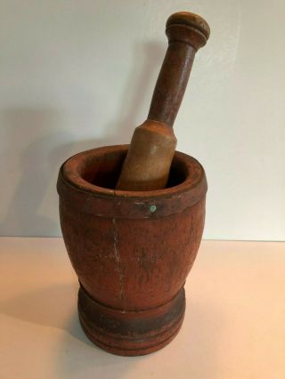 Rustic Wooden 19thc Mortar & Pestle Primitive Antique Great Patina Red Paint