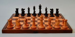 Large Antique English Ebony Staunton Chess Set & Mahogany Box
