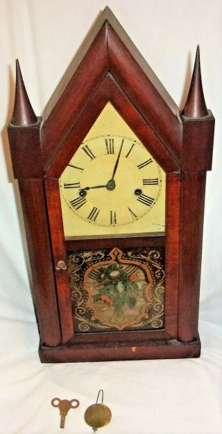 Vintage/antique Estate Steeple Clock With Key & Pendulum Late 1800 