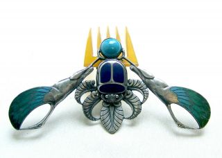Piel Frères Egyptian Revival Hair Comb Enamel Horn And Silver Hair Accessory