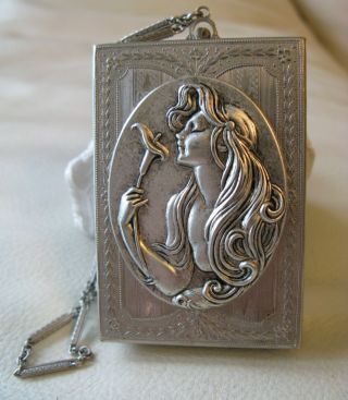 Antique Art Deco Silver T Nouveau Woman Lipstick Card Case Double Compact