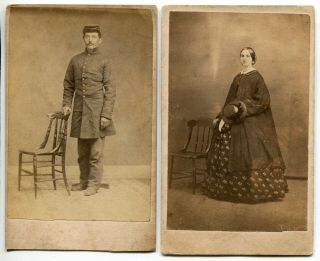 Pair Civil War Cdv Images: Classic " Billy Yank " & Hoop - Skirted Lady Holding Hat