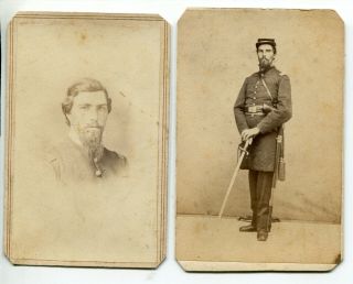 Pair Civil War Cdv Images: Double - Armed Infantry Officer & Bust Shot Of Same Man