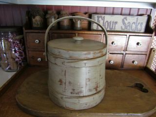 Vintage 7 1/2 " Tall Firkin Sugar Bucket - 3 Bentwood Bands - Cobblestone - Orig.  Lid