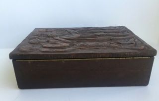 ANTIQUE HAND CARVED WOODEN BOX 8 in X 6 in X 2,  3 in 4