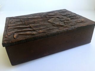 ANTIQUE HAND CARVED WOODEN BOX 8 in X 6 in X 2,  3 in 6