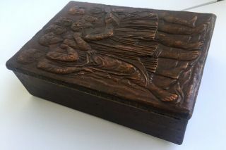 ANTIQUE HAND CARVED WOODEN BOX 8 in X 6 in X 2,  3 in 7