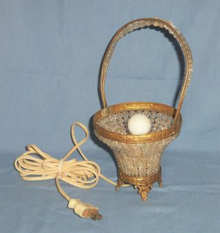 Vtg Antique Czech Beaded Chandelier Prisms Fruit Basket Table Lamp Light