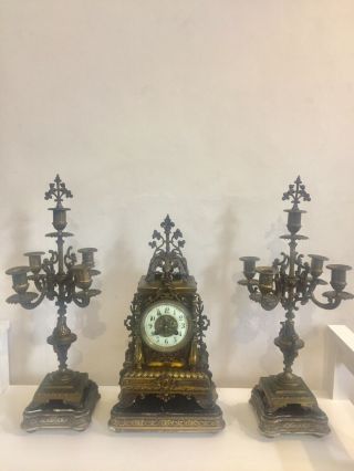 Antique French Clock Set Garniture On Wood Stand By Samuel Marti C1870