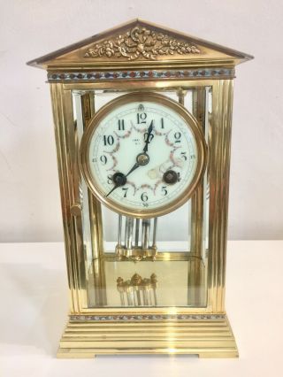 Antique Rare Small French Champleve Artitechtural Four Glass Clock.  C1880