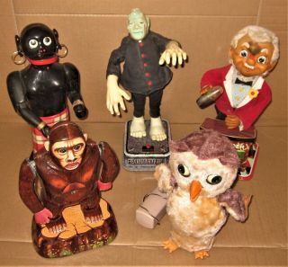 5 Vintage 1960s Battery - Op Japan Tin Toys Blushing Frankenstein Marx Nutty Nibs
