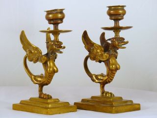 French Mythological Gothic Gargoyls Handled Candlestick Bronze 19TH 2