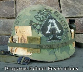 Vietnam M - 1 Helmet & 1969 Liner Sweatband Mitchell Camo Cover " Aces High "