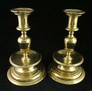 Pr.  Antique European Solid Brass Candlesticks,  18th/19th C.  8” Tall