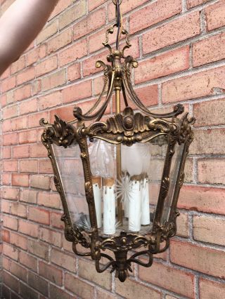 Antique Victorian Brass 6 Sided Glass Panel Hang Pendant Chandelier Light Lamp
