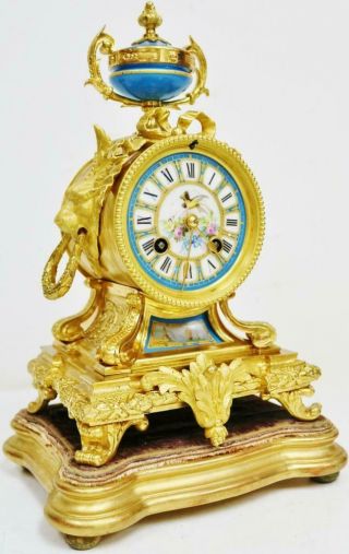 Antique French Sevres Porcelain Mantel Clock 8 Day Striking Bronze Mantle Clock