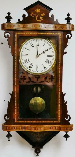 Antique American 8 Day Bell Striking Inlaid Tunbridge Ware Wall Clock