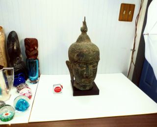 Huge Vintage Hollywood Regency Bronze Chinese Buddha Head Statue Tibet Thailand