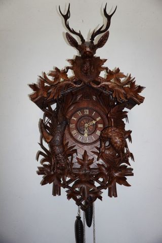 Antique Huge (41.  5) Black Forest Cuckoo Clock W.  Duck & Rabbit