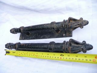 Vintage Large Heavy Iron Gothic French Door Handles Church Shop Pulls Detailed 11