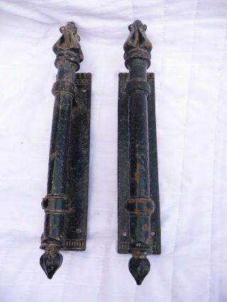 Vintage Large Heavy Iron Gothic French Door Handles Church Shop Pulls Detailed