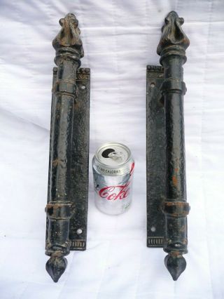 Vintage Large Heavy Iron Gothic French Door Handles Church Shop Pulls Detailed 2