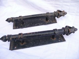 Vintage Large Heavy Iron Gothic French Door Handles Church Shop Pulls Detailed 3