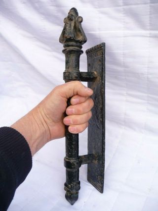 Vintage Large Heavy Iron Gothic French Door Handles Church Shop Pulls Detailed 4