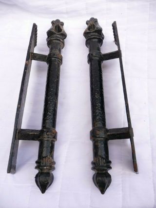 Vintage Large Heavy Iron Gothic French Door Handles Church Shop Pulls Detailed 7