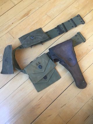 Antique Ww2 1943 Us Military Utility Belt With 4 Pouches And Leather Gun Holster