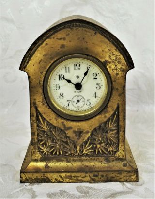 Antique Ansonia Clock Co Case Brass Shelf Mantle Clock Floral Porcelain Dial
