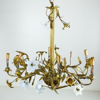 Antique French Brass Ormolu Gilt 6 - Light Chandelier W/opaline Milk Glass Flowers