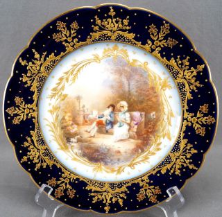 Limoges Sevres Style Hand Painted Signed Courting Couple Cobalt Gold Plate B