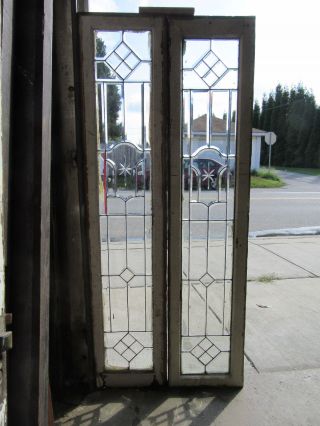 Pair Antique Full Beveled Leaded Glass Sidelites 14 X 66 Each Salvage