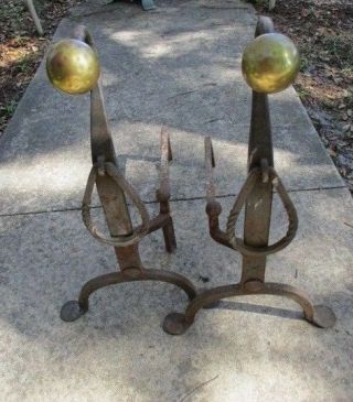 Antique Wrought Iron Fireplace Andirons Hand Forged With Brass Ball Finials