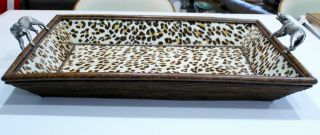 Vtg Maitland Smith Safari Bamboo Leopard Pewter Handles Decor Table Tray 26 X18