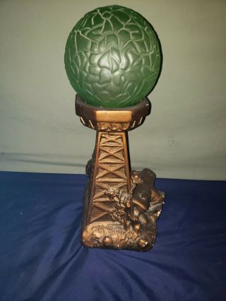 VINTAGE 1935 CSM CHALKWARE LAMP AIRPLANE CRASH VASELINE URANIUM GLASS DECO SHADE 5