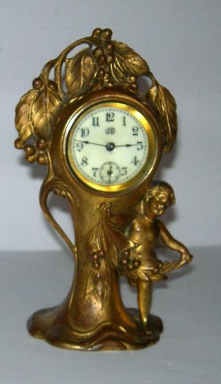 Vintage Art Nouveau Jennings Brothers Wind Up Cherub With Grapes Mantle Clock.