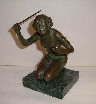 Art Deco Real Bronze Nude Lady Figure On Marble Base French