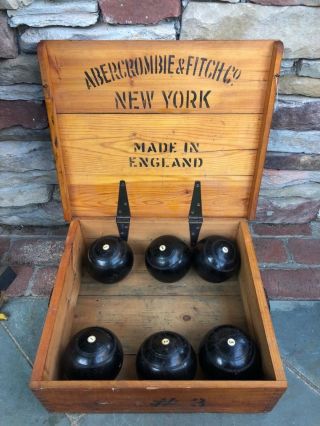Htf Antique/vintage Abercrombie & Fitch Made In England Box And 6 Bocce Balls