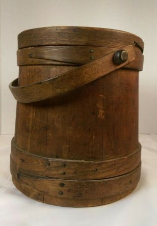 Antique 19th Century Primitive Firkin Lidded Pail Sugar Bucket Wooden Handle