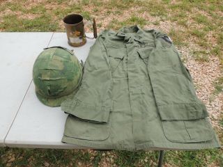Vietnam Era Us Army Cavalry Jungle Shirt/jacket Helmet Neckerchief & Trench Art