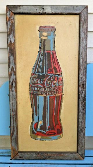 Hand - Painted Enameled Coca Cola Coke Bottle On Tin Folk Art Sign In Frame 18x36