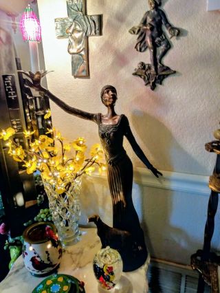 Lamp Light Tall Metal Deco Nouveau Statue Figural Lady Antique Czech Glass Beads
