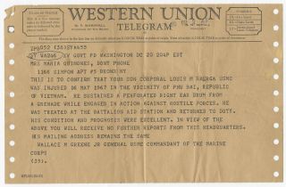 Vietnam War 1967 Usmc Marine Corps Wia Wounded In Action Western Union Telegram