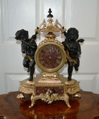 Antique Victorian Gilt Metal & Red Veined Marble Striking French Mantle Clock