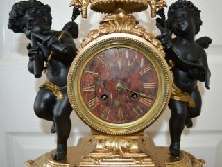 Antique Victorian Gilt Metal & Red Veined Marble Striking French Mantle Clock 2