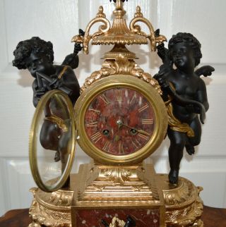Antique Victorian Gilt Metal & Red Veined Marble Striking French Mantle Clock 3