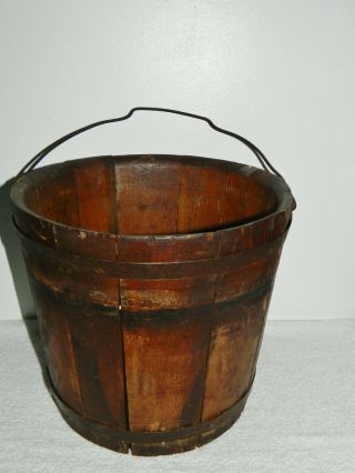 Antique Wood Oaken Bucket Primitive Oak Stave Barrel Pail Bail Handle Tagged