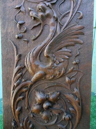19thc Gothic Wooden Mahogany Panel With Winged Gargoyle Figure,  C1880s